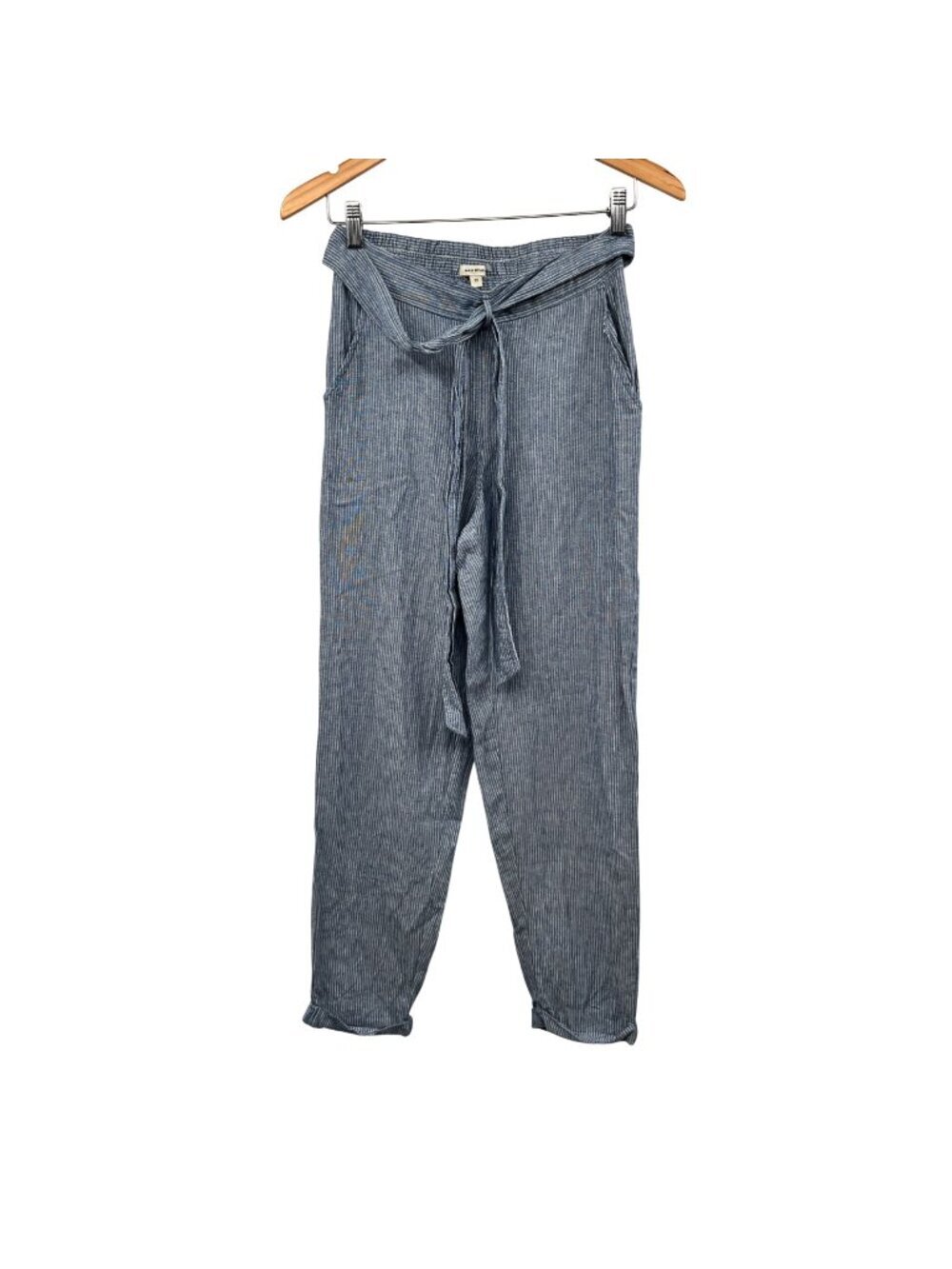 Max Studio Womens Striped Linen Blend Pants Pull On Belted Blue/White XS Pockets